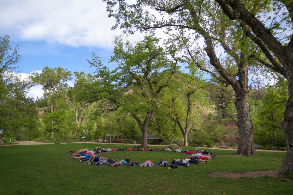 Business Outside retreat, people doing a Wim Hof breathing exercise
